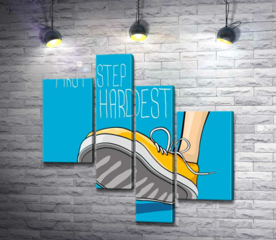 Модульная картина "Желтый кроссовок ступает на землю рядом с фразой "first step is the hardest""