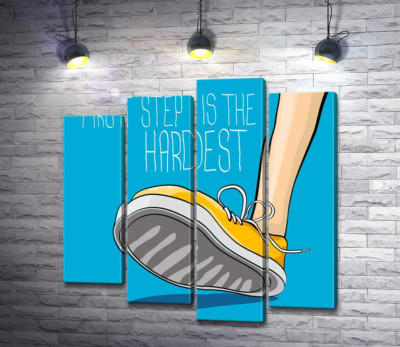 Модульна картина "Жовтий кросівок ступає на землю поряд з фразою "first step is the hardest""