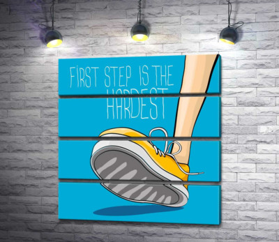 Модульна картина "Жовтий кросівок ступає на землю поряд з фразою "first step is the hardest""