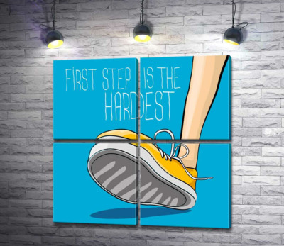 Модульна картина "Жовтий кросівок ступає на землю поряд з фразою "first step is the hardest""