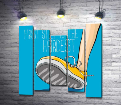 Модульная картина "Желтый кроссовок ступает на землю рядом с фразой "first step is the hardest""