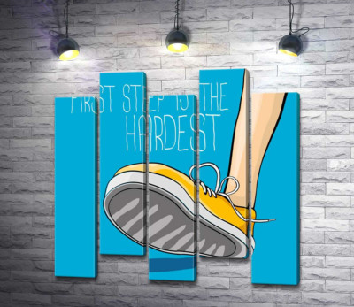 Модульна картина "Жовтий кросівок ступає на землю поряд з фразою "first step is the hardest""