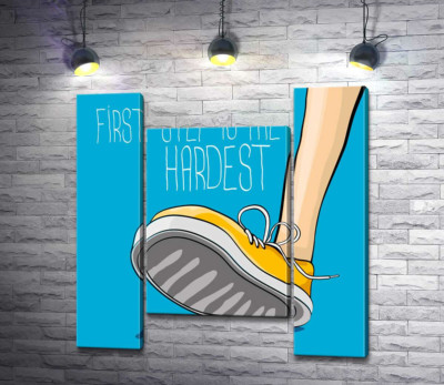 Модульна картина "Жовтий кросівок ступає на землю поряд з фразою "first step is the hardest""