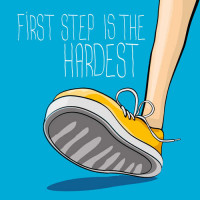 Жовтий кросівок ступає на землю поряд з фразою "first step is the hardest"
