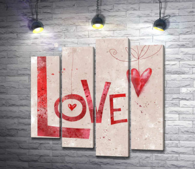 Красные сердечки украшают надпись "love"
