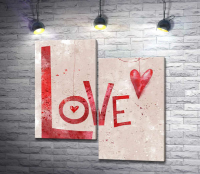 Модульная картина "Красные сердечки украшают надпись "love""