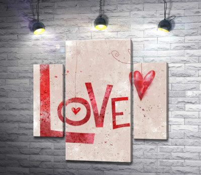 Модульная картина "Красные сердечки украшают надпись "love""