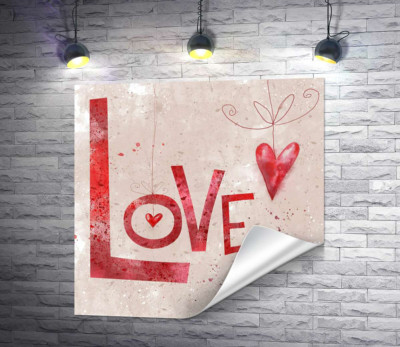 Красные сердечки украшают надпись "love"