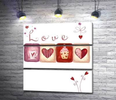 Модульная картина "Романтические иллюстрации под надписью "love""