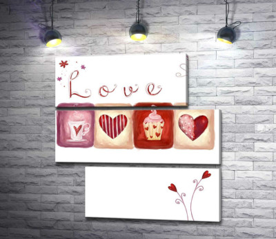 Модульная картина "Романтические иллюстрации под надписью "love""
