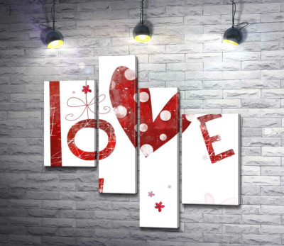 Модульная картина "Пятнистое сердечко украшает надпись "love""