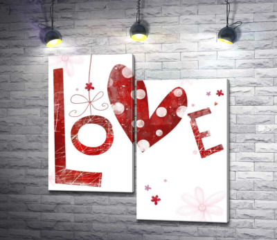 Модульная картина "Пятнистое сердечко украшает надпись "love""