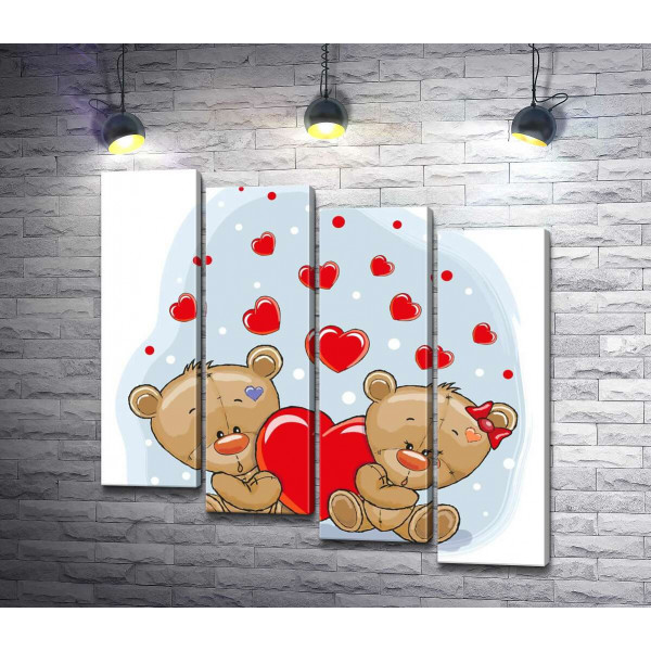 Два ведмедики тримають червоне серце в лапках