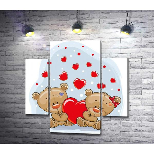Два ведмедики тримають червоне серце в лапках