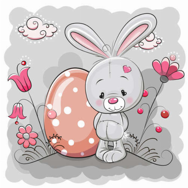 Пасхальний кролик стоїть біля яйця крапанки