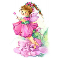 Волшебная фея в розовом платье взлетает с пиона