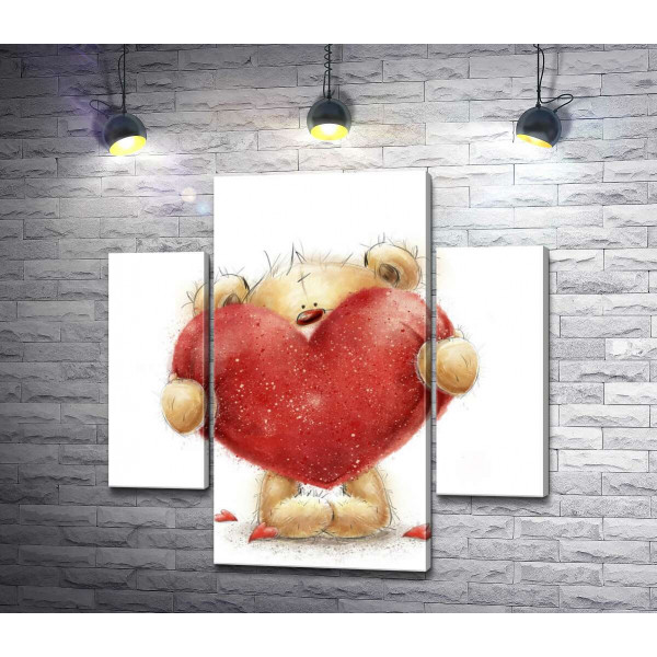 Червоний ніс ведмедика виглядає з-за великого червоного серця