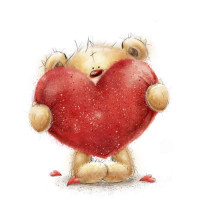 Красный нос мишки выглядывает из-за большого красного сердца