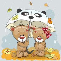 Два мишки спасаются от осеннего дождя под зонтиком