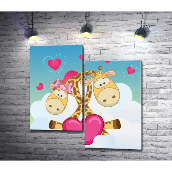Влюбленные жирафы сидят на пушистом облачке