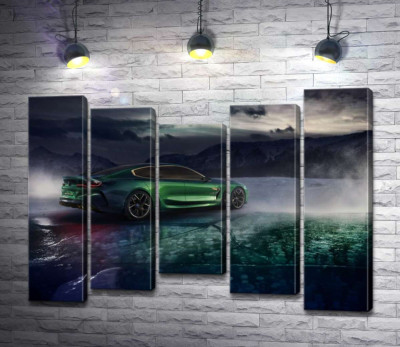Модульная картина "Зеленый автомобиль BMW M8 Gran Coupe дрифтует по темному льду озера"