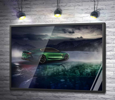 Постер "Зелений автомобіль BMW M8 Gran Coupe дрифтує по темному льоду озера"