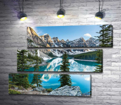 Модульна картина "Стрункі ялинки на скелястому березі озера Морейн (Moraine Lake)"