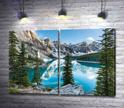 Стрункі ялинки на скелястому березі озера Морейн (Moraine Lake)