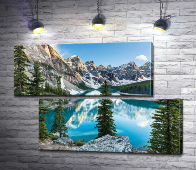 Модульна картина "Стрункі ялинки на скелястому березі озера Морейн (Moraine Lake)"