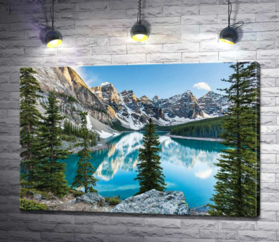 Стройные елки на скалистом берегу озера Морейн (Moraine Lake)