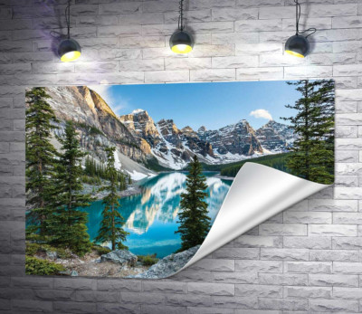 Стрункі ялинки на скелястому березі озера Морейн (Moraine Lake)