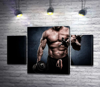 Модульная картина "Силач напрягает мышцы, поднимая гантели"