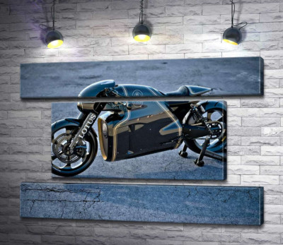 Модульная картина "Черная сияющая поверхность мотоцикла Lotus C-01"