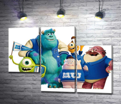 Модульная картина "Яркие герои мультфильма "Университет монстров" (Monsters University) весело улыбаются"