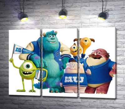 Модульная картина "Яркие герои мультфильма "Университет монстров" (Monsters University) весело улыбаются"