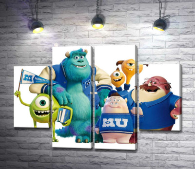 Модульная картина "Яркие герои мультфильма "Университет монстров" (Monsters University) весело улыбаются"