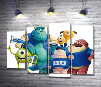 Модульная картина "Яркие герои мультфильма "Университет монстров" (Monsters University) весело улыбаются"