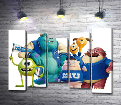 Модульная картина "Яркие герои мультфильма "Университет монстров" (Monsters University) весело улыбаются"