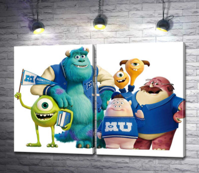 Модульная картина "Яркие герои мультфильма "Университет монстров" (Monsters University) весело улыбаются"