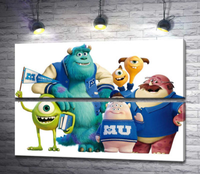 Модульная картина "Яркие герои мультфильма "Университет монстров" (Monsters University) весело улыбаются"