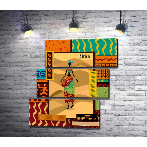 Барвиста рамка з орнаментів оточує портрет африканки