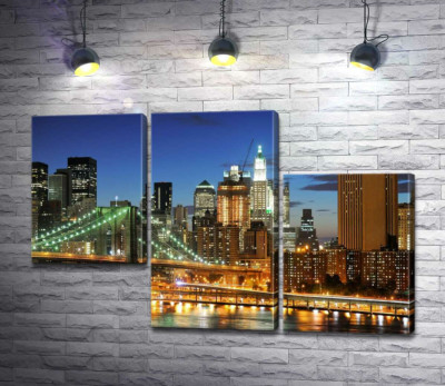 Модульная картина "Бруклинский мост (Brooklyn Bridge) исчезает между вечерними небоскребами"