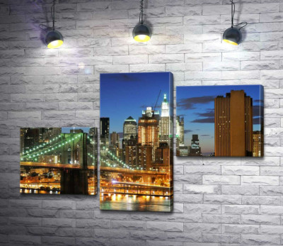 Бруклінський міст (Brooklyn Bridge) зникає між вечірніх хмарочосів