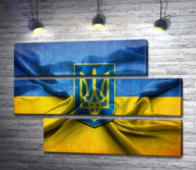 Герб Украины на желто-голубых складках флага