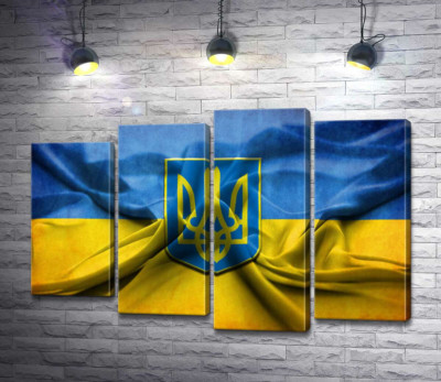 Герб Украины на желто-голубых складках флага