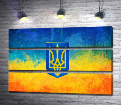 Державний герб України на жовто-блакитному фоні