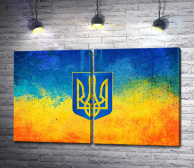 Государственный герб Украины на желто-голубом фоне