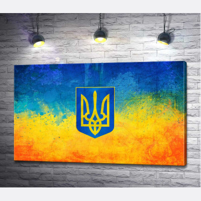 Государственный герб Украины на желто-голубом фоне
