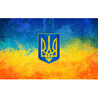Державний герб України на жовто-блакитному фоні