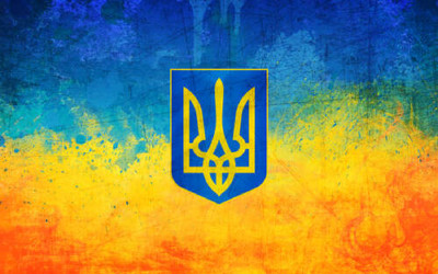 Государственный герб Украины на желто-голубом фоне